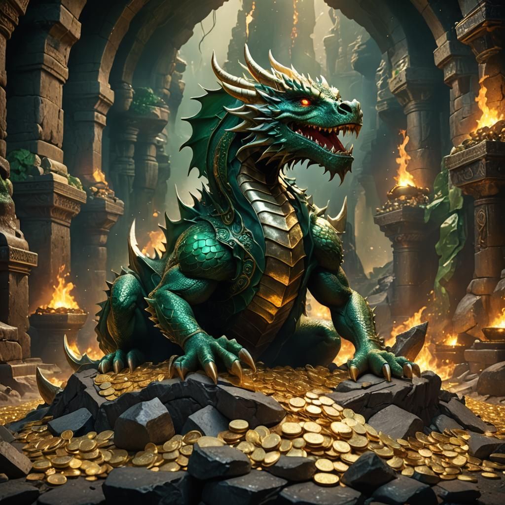 Metallic Green Dragon Hoard in Stone Cavern
