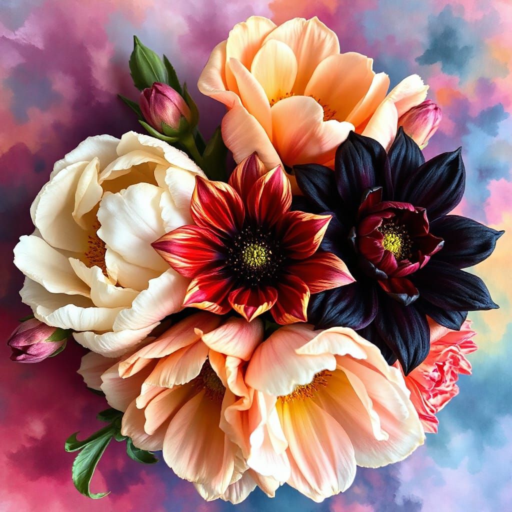 Vibrant Floral Composition in Botanical Illustration Style