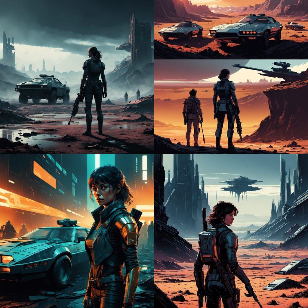 Epic Female Warrior in Futuristic Ruins, Cinematic Lighting