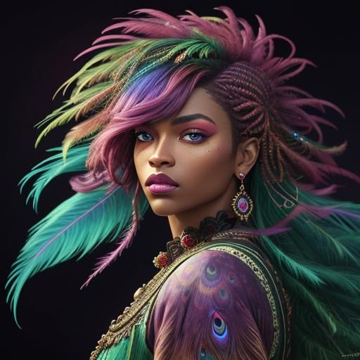 Peacock Haired Woman in Hyperrealistic Oil Painting