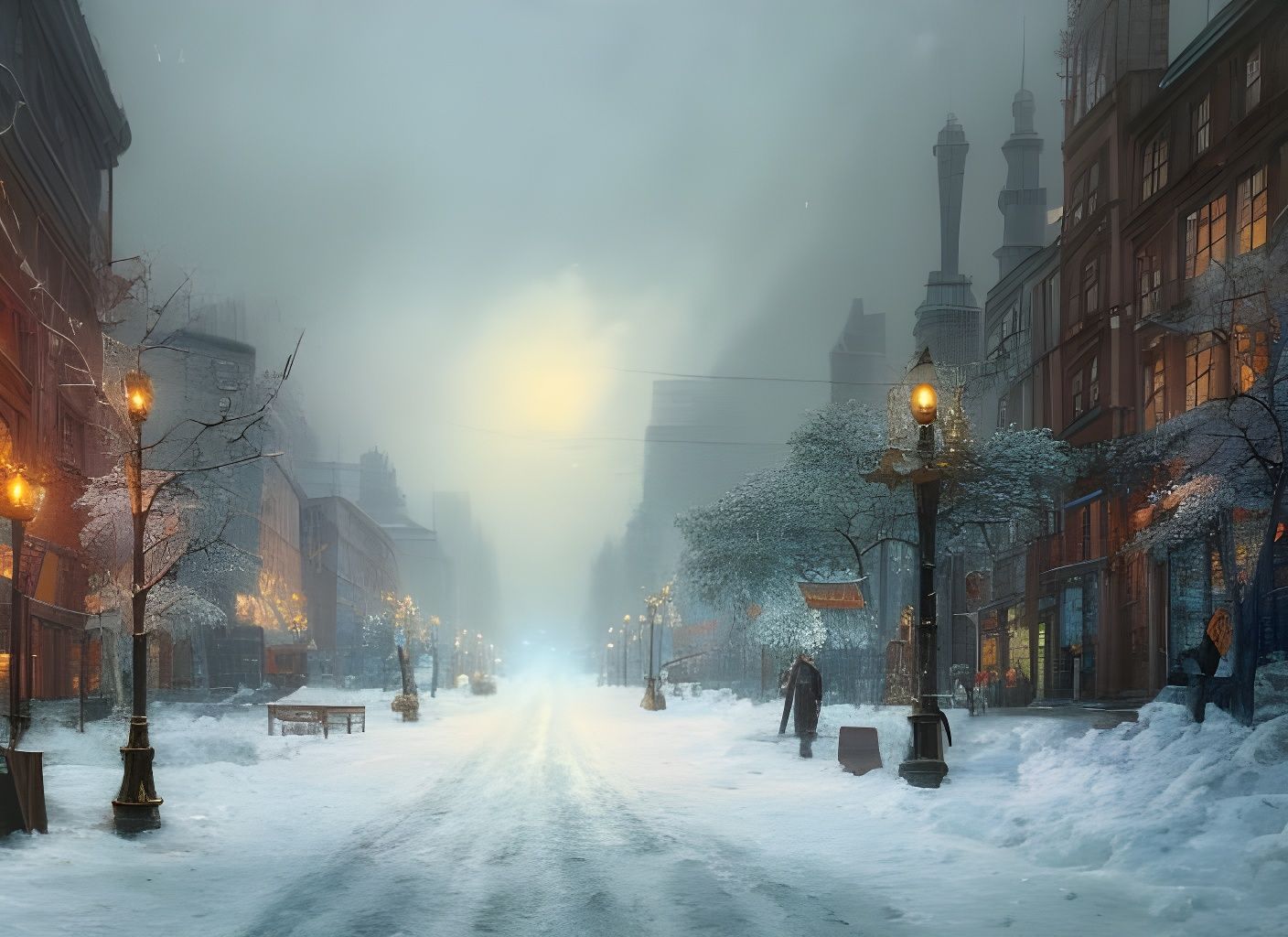 Icy Winter City Street Scene in Hyperrealism