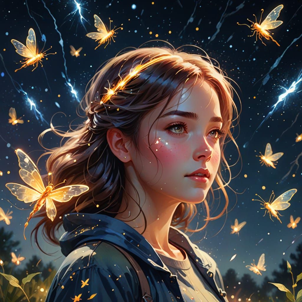 Magical Girl with Fireflies in Impressionistic Style