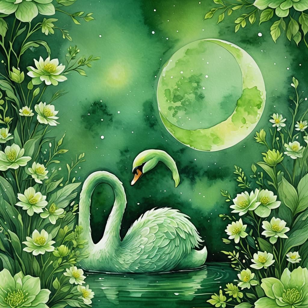 Majestic Green Swan in Ethereal Watercolor Art