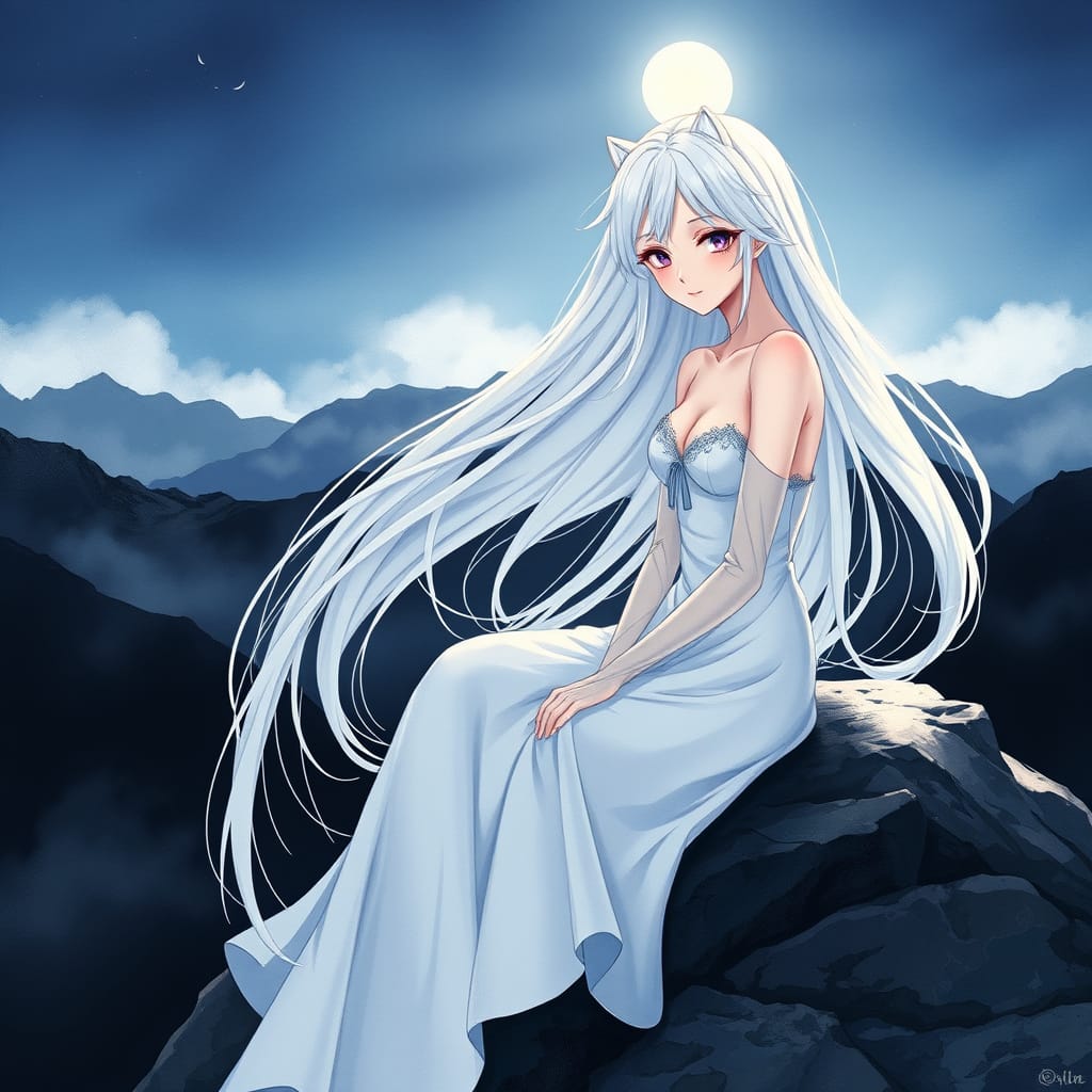 Anime Woman with White Hair on Misty Mountain