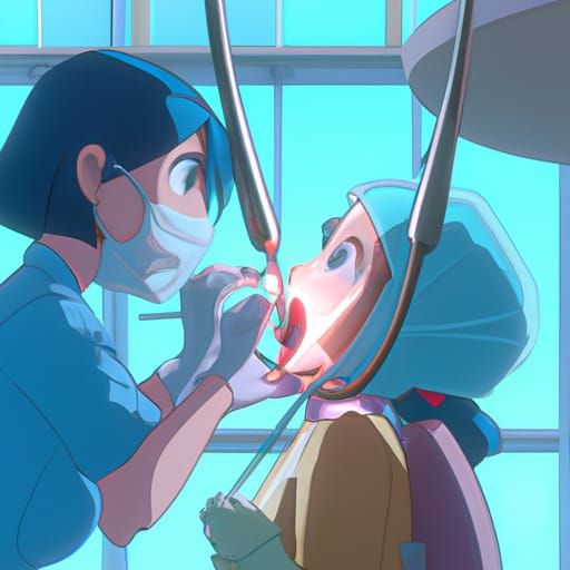 Female Dentist Drilling Girl's Teeth in Anime Style