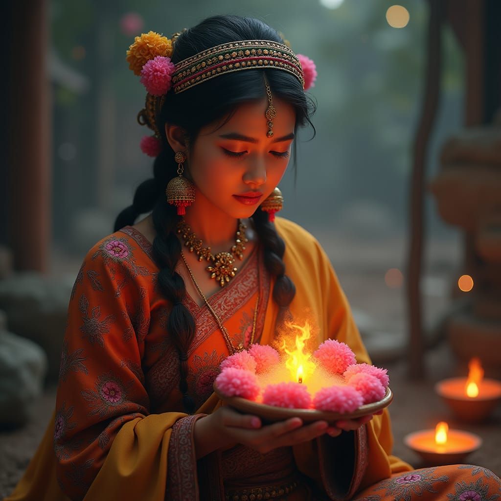 Woman in Traditional Dress Holding Colorful Cotton Wicks