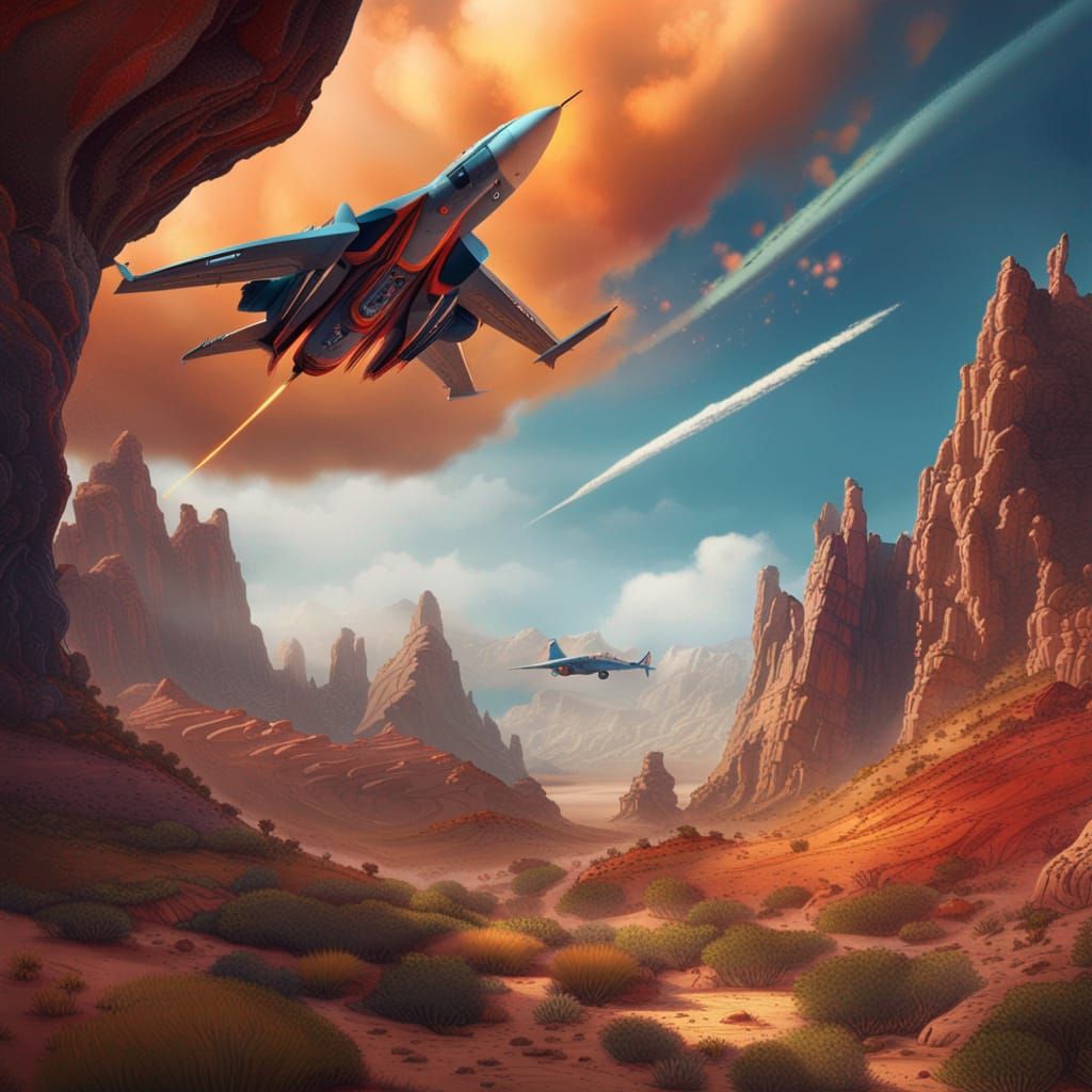 Southwest Landscape with Fighter Jet in Matte Painting Style