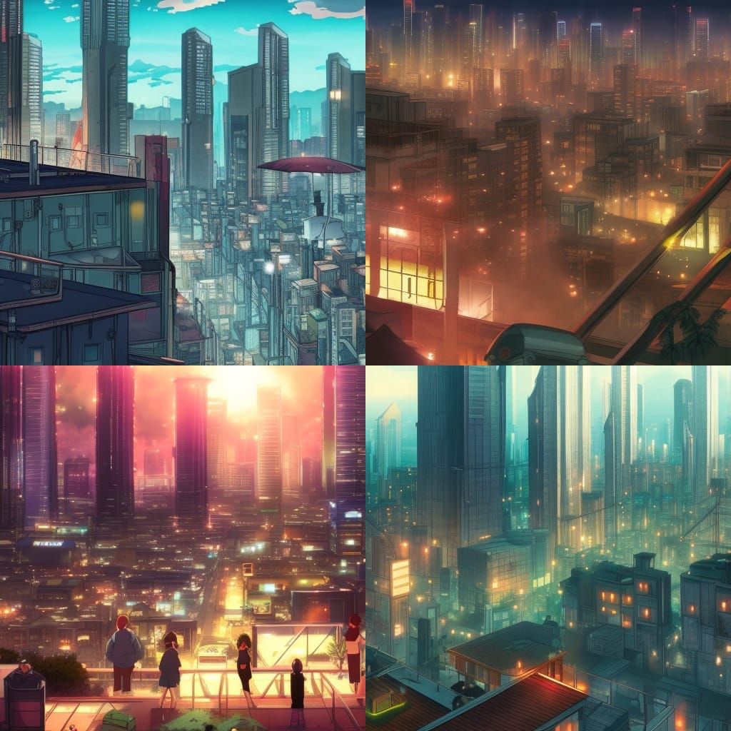 Cyberpunk City Rooftop Bar in Anime Style