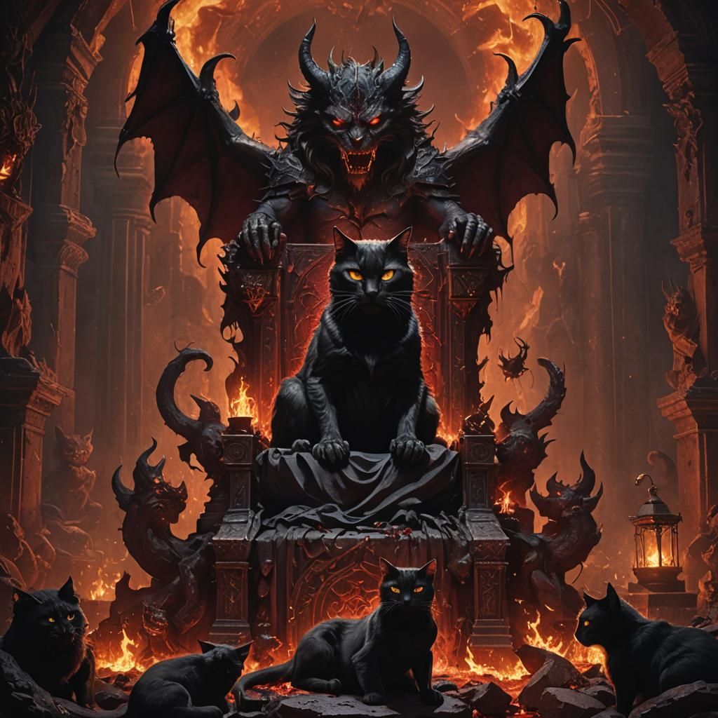 Demon on Throne Petting Cat: Dark Fantasy Art