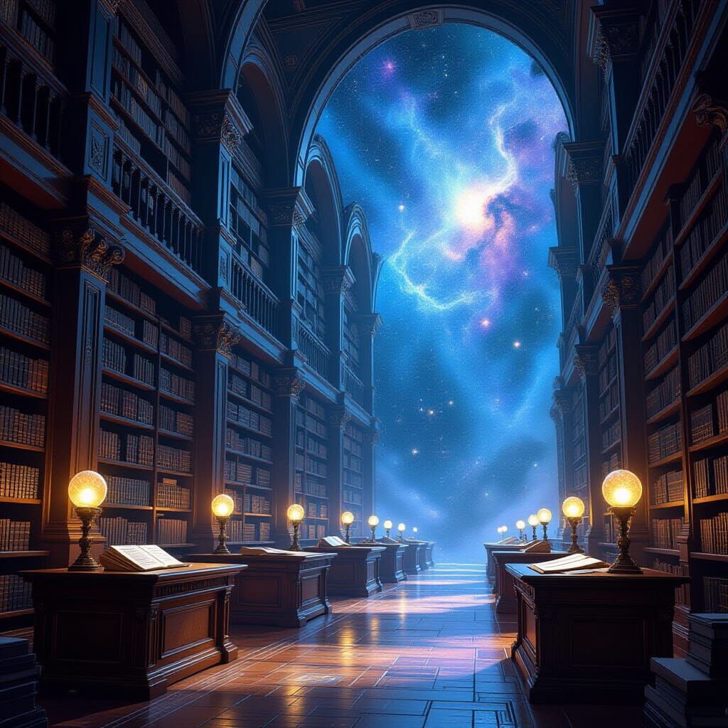 Ancient Library Under Starry Nebula, Epic Fantasy Art