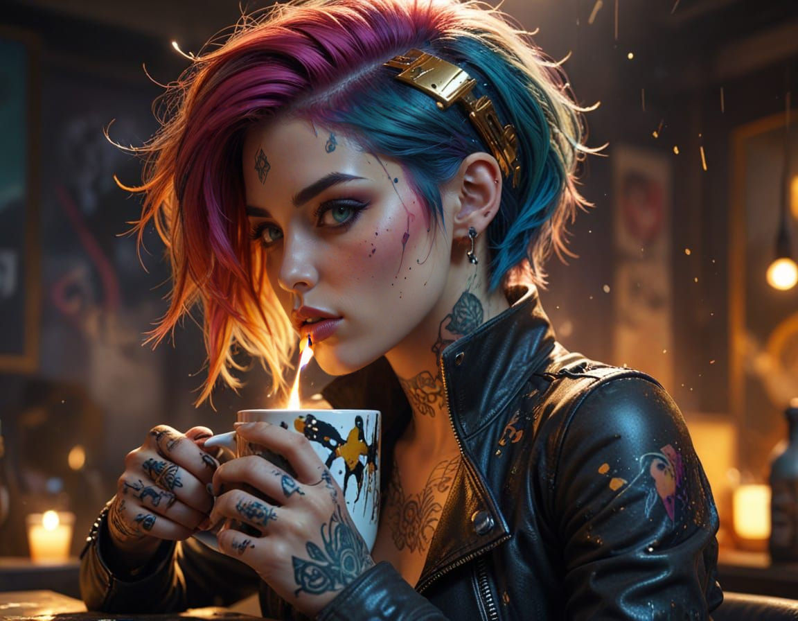 Tattooed Woman with Colorful Hair in Expressionist Style