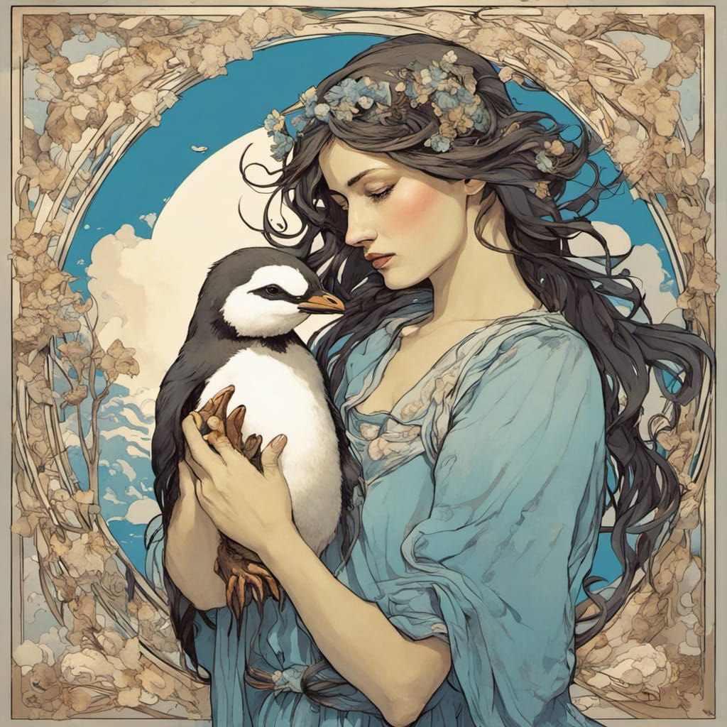 Woman with Penguin in Alphonse Mucha Style