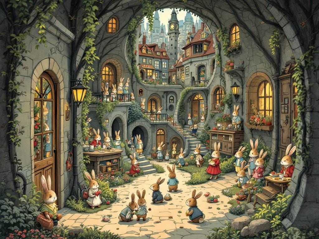Underground Rabbit Colony in Whimsical Style
