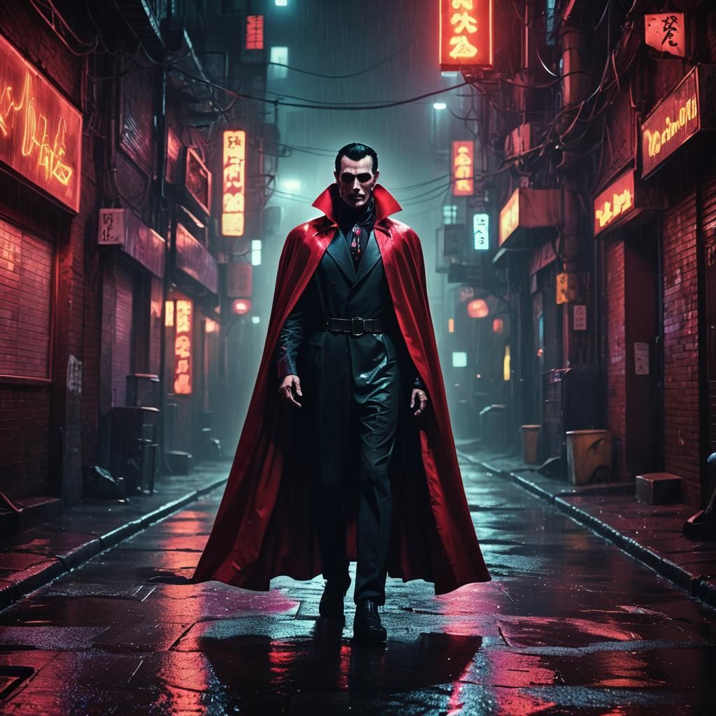 Cyberpunk Dracula in Neon-Lit Alleyway
