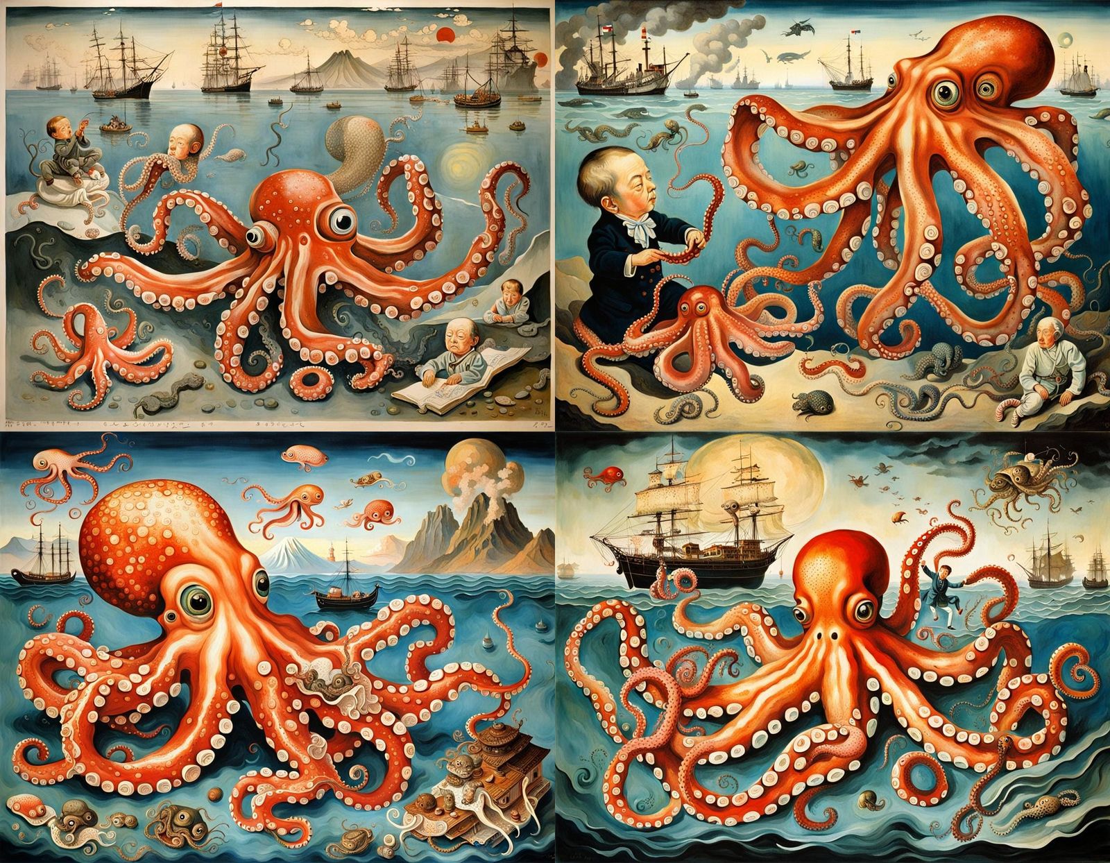 Surreal Disaster Scene with Children and Octopus
