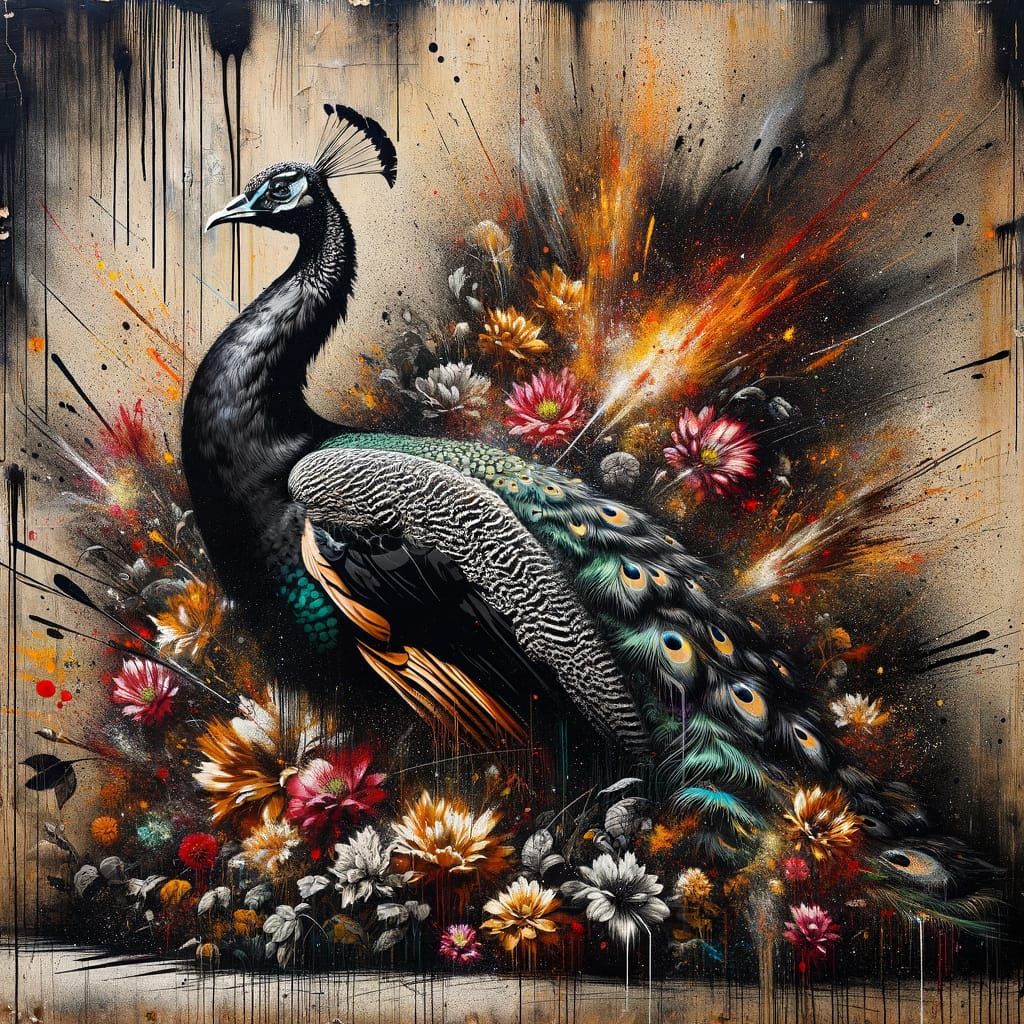 Majestic Black Peacock Amidst Fiery Floral Splatter