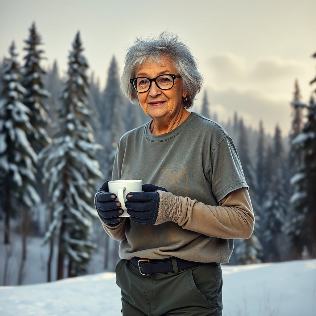 Elderly Woman Finds Serenity in Winter's Peace