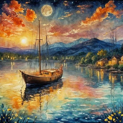 Watercolor Boat on Lake at Night in Gouache Style