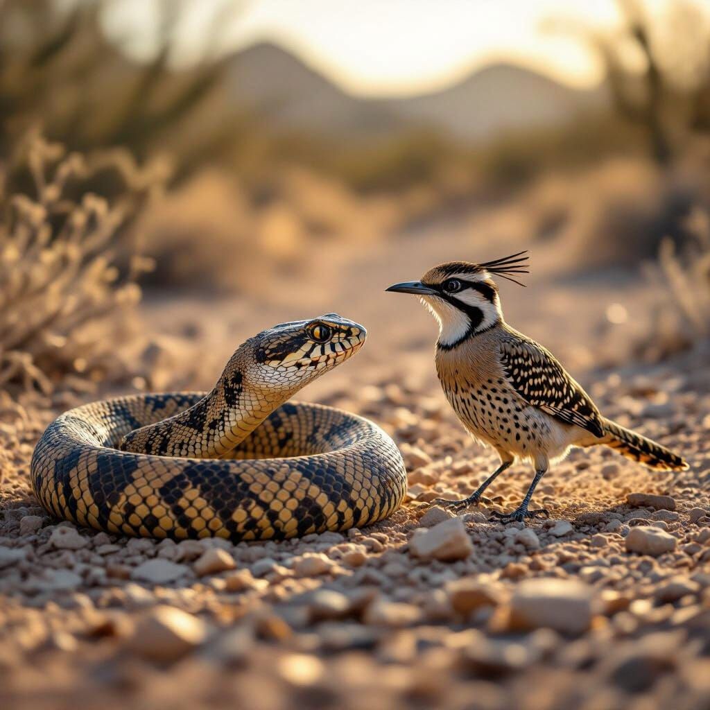 Rattlesnake Strikes Desert Roadrunner in Photorealistic Deta...