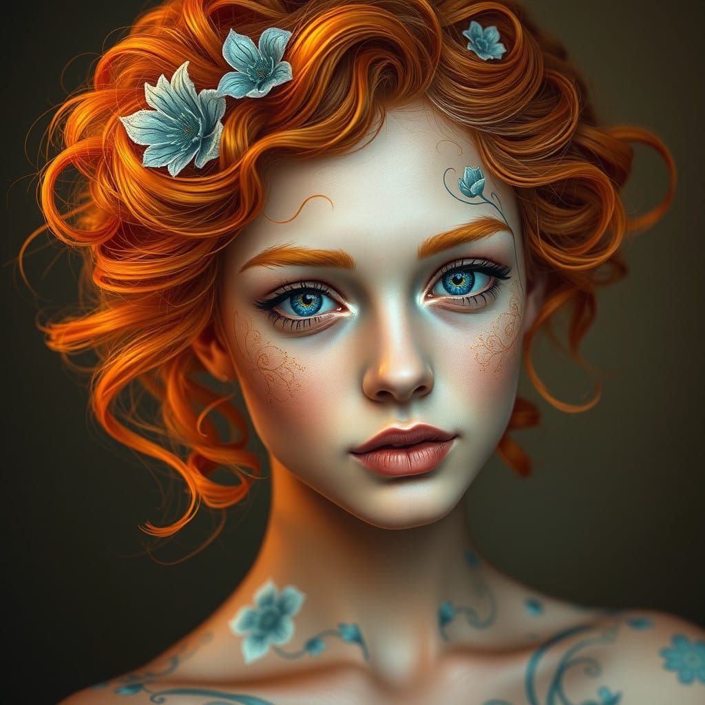 Ethereal Young Woman with Vibrant Orange Hair and Floral Des...