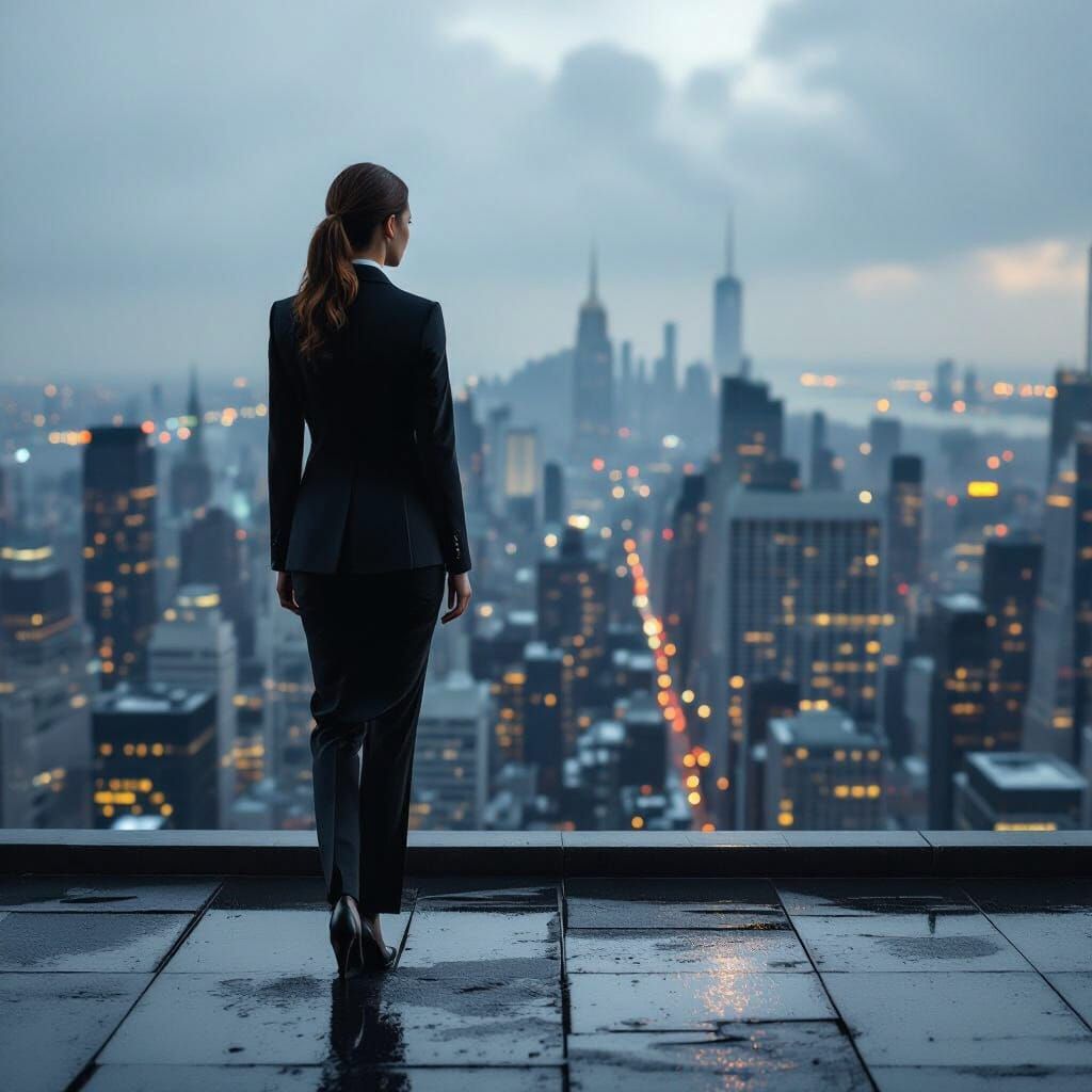 Woman in Suit on Rooftop Overlooking Diorama City