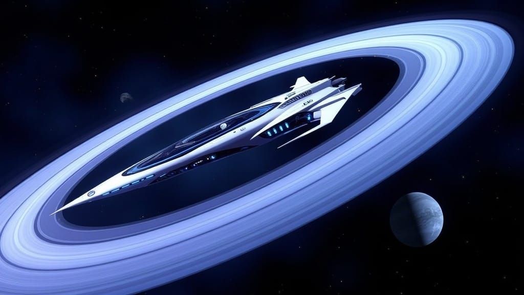 Futuristic Spaceship Yacht Approaching Saturn's Rings