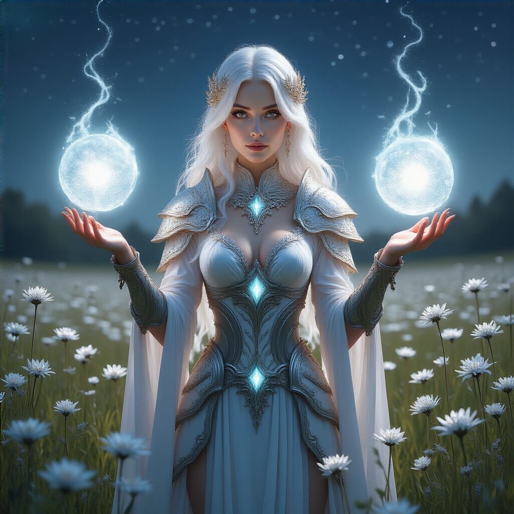 Sorceress in Crystal Armor Under Starry Sky