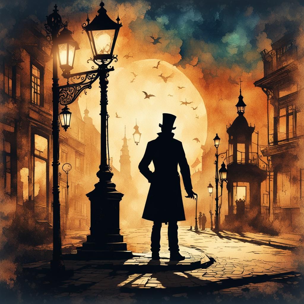Steampunk Silhouette: Vintage Ink Painting with Glowing Lant...