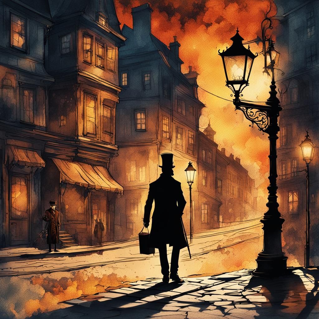 Steampunk Silhouette by Lamppost in Ink Painting Style