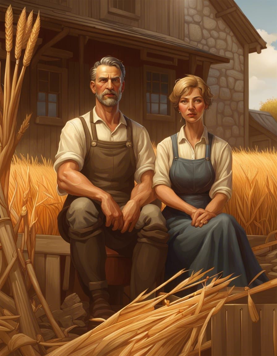 American Gothic Farmers, Digital Art Portrait