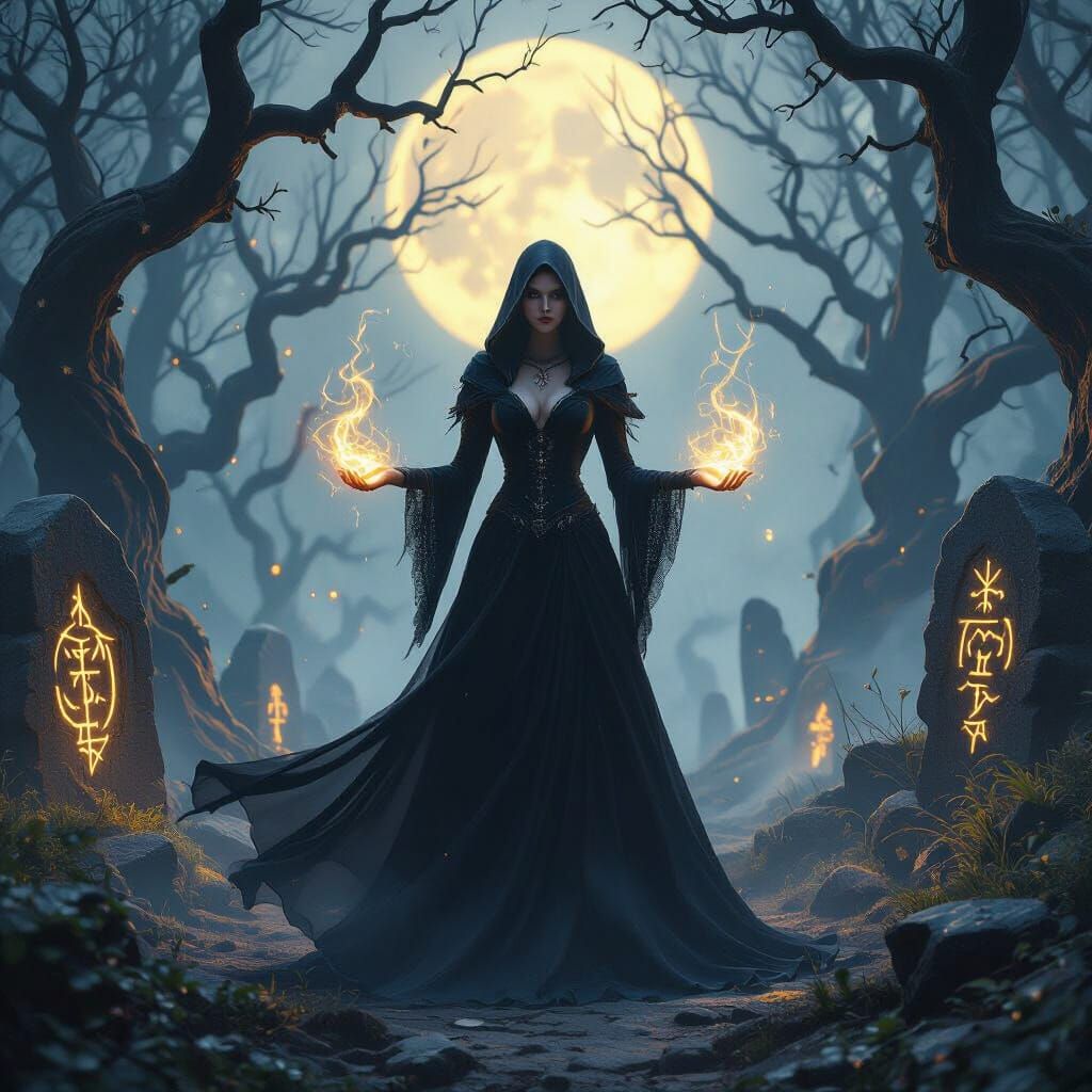 Sorceress Casting Spell in Moonlit Forest