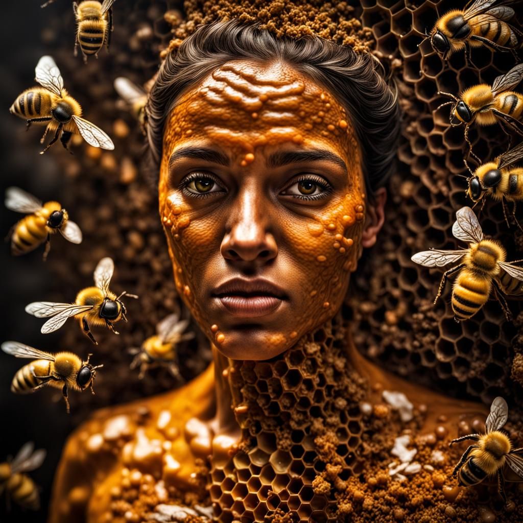 Hyperrealistic Bee Woman in Honeycomb Hive