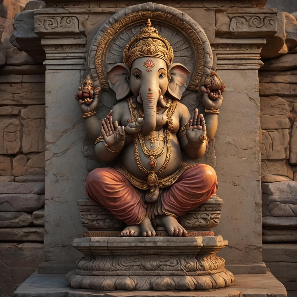 Vibrant Indian Art: Lord Ganesha Stone Idol