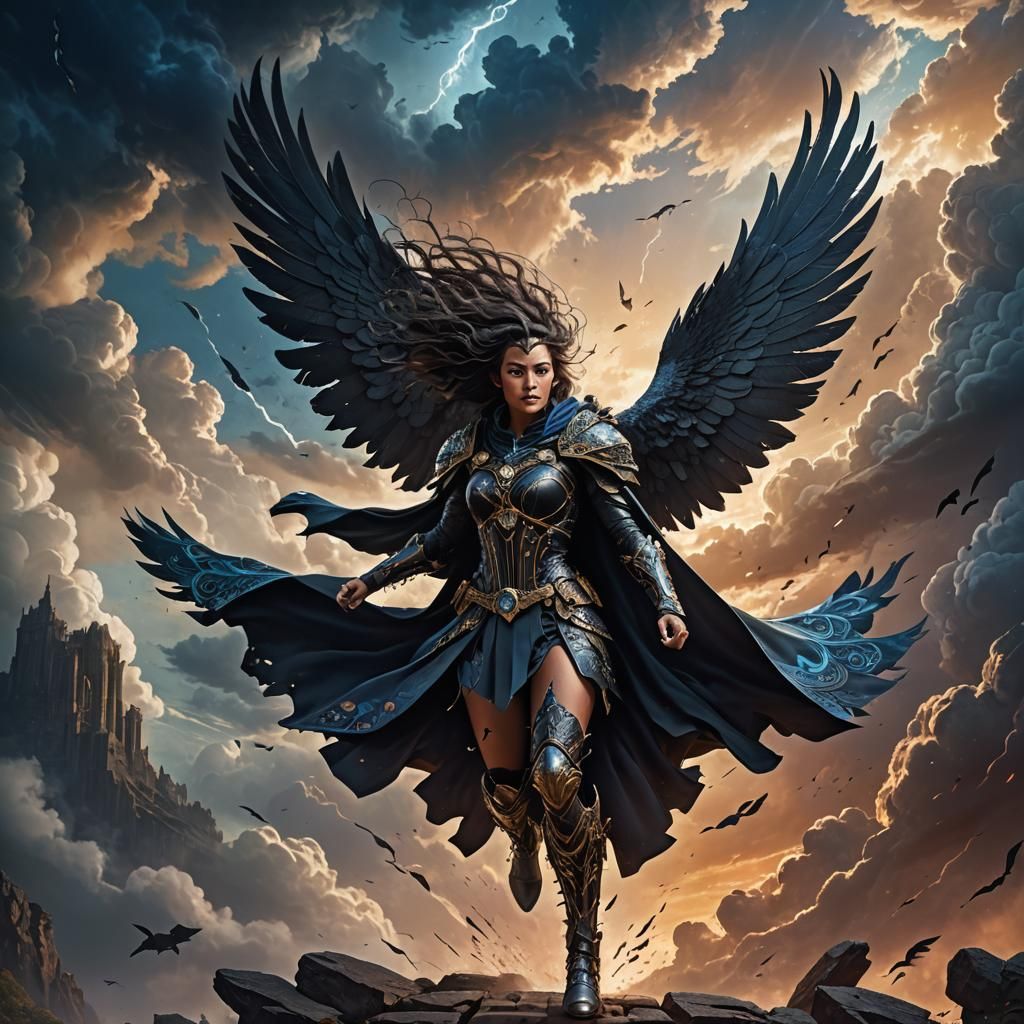 Raven Superhero Soaring in Surreal High Fantasy Realm