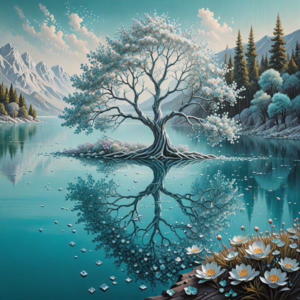 Silver Forest with Diamond Flowers: Surreal Oil Painting
