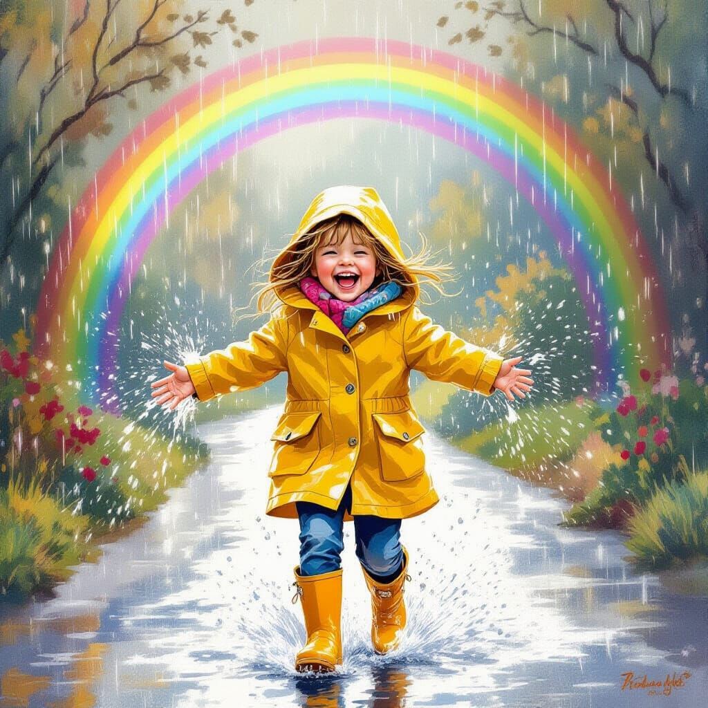 Child's Joyful Rainbow Dance in Beatrix Potter Style
