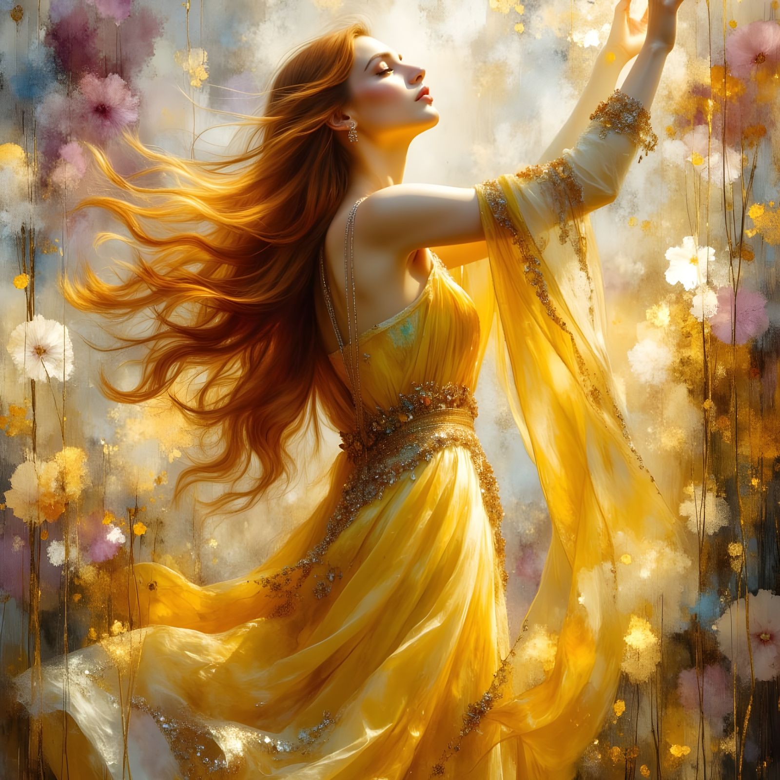 Norse Goddess Sól Greets the Sunrise as Oil Painting