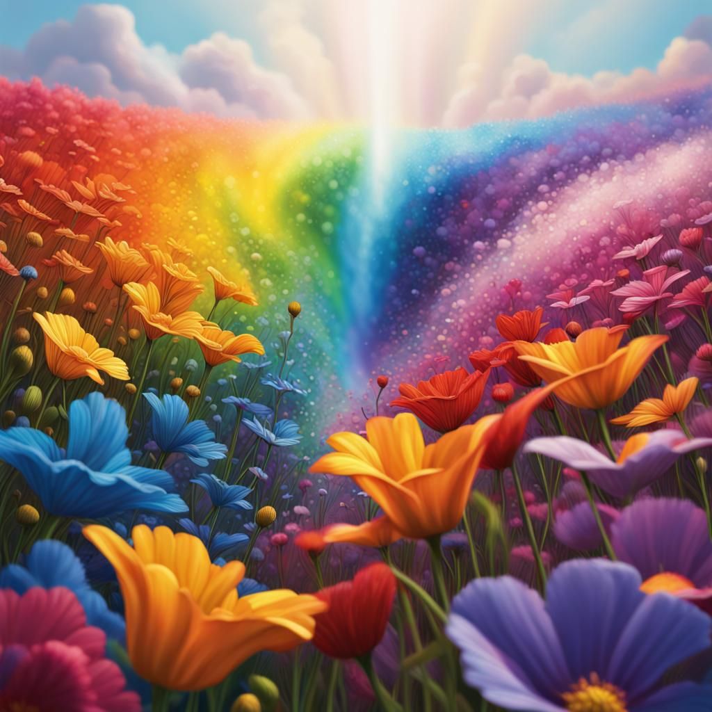 Hyperrealistic Rainbow Flower Field in Splash Art Style