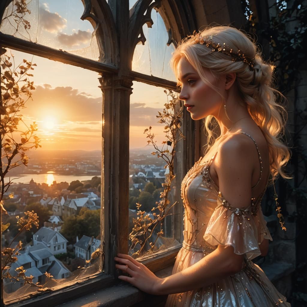 Blond Fairy in Arched Window at Sunset