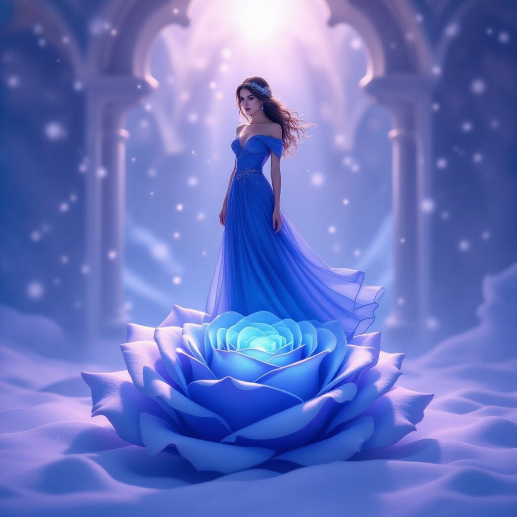 Fantasy Girl on Glowing Rose Platform in Purple Snow