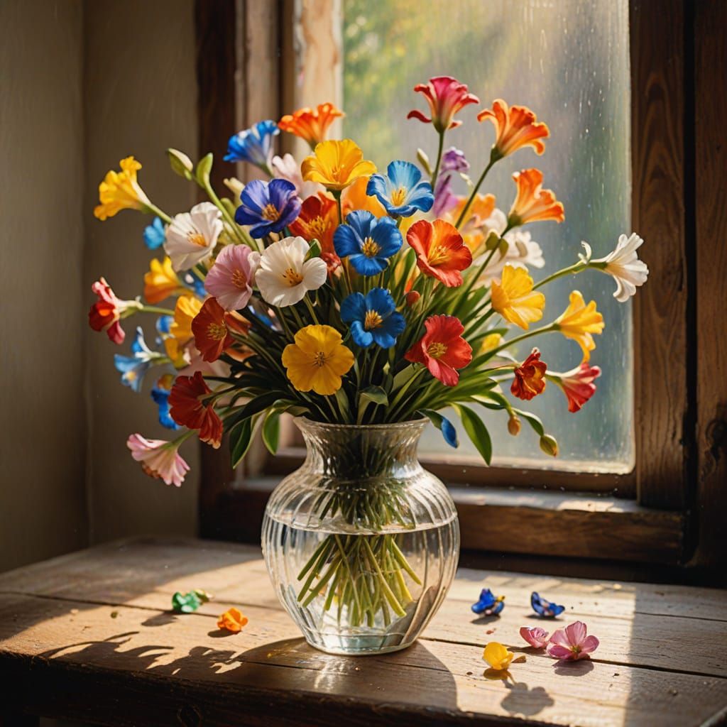 Impressionist Fresia Flowers in Crystal Vase