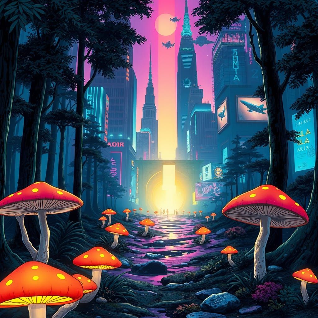 Cyberpunk Portal in a Glowing Mushroom Grove