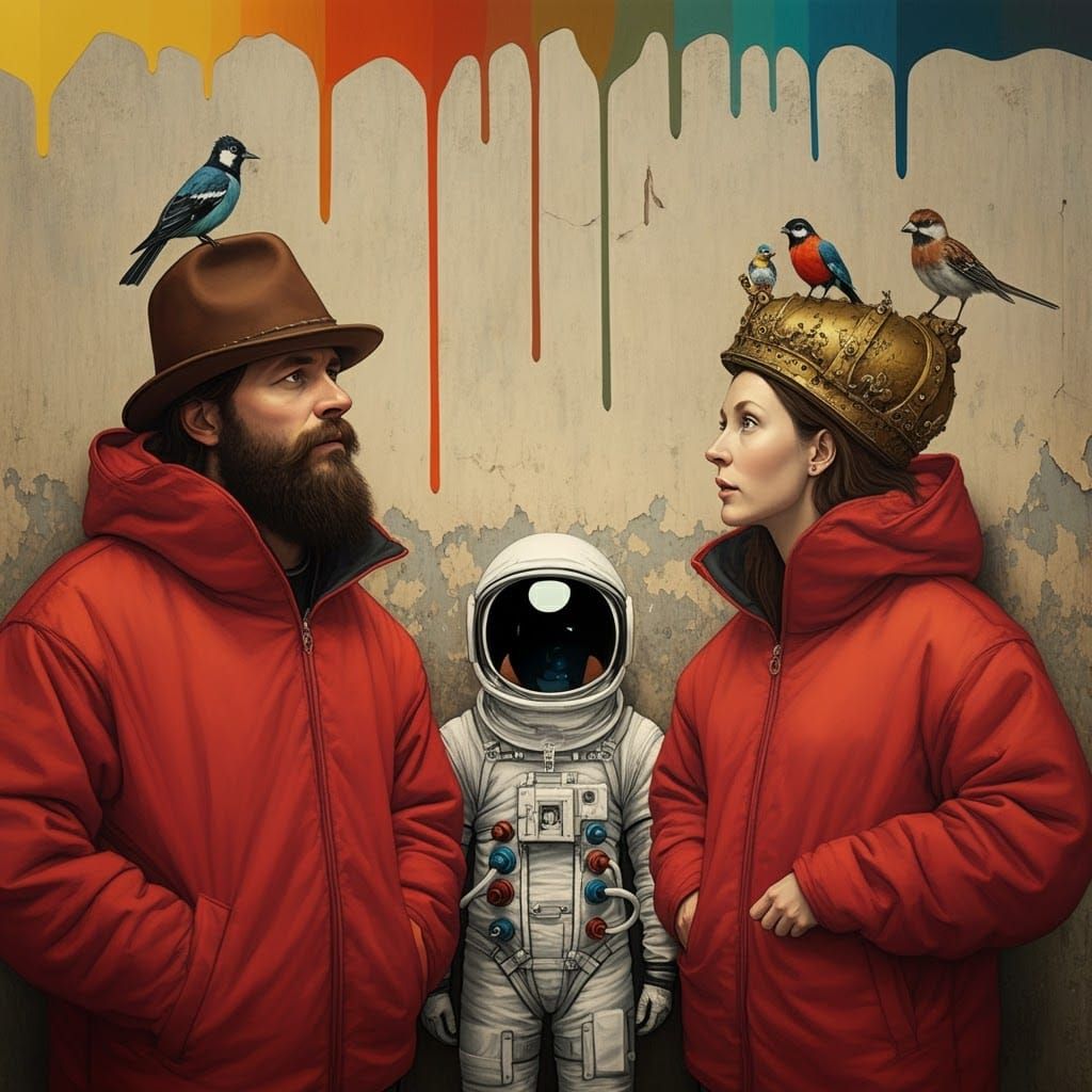 Surreal Dürer-Style Painting with Astronaut and Lion