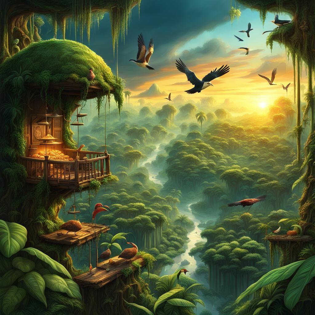 Amazon Jungle Birdlife at Sunrise: Digital Matte Painting