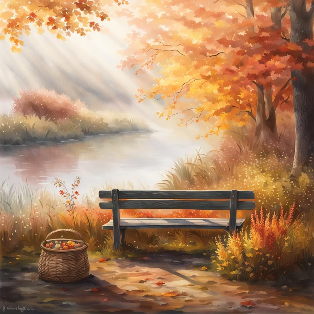 Autumn Riverbank Scene in Watercolor Realism