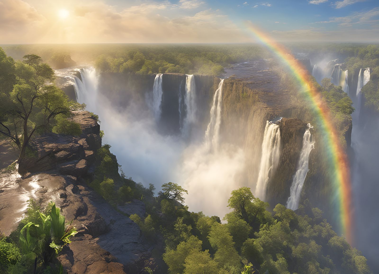 Victoria Falls Landscape with Rainbow and Mist