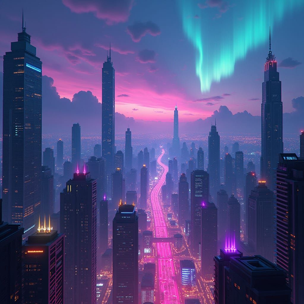 Neon Cityscape with Aurora Lights, Futuristic Concept Art
