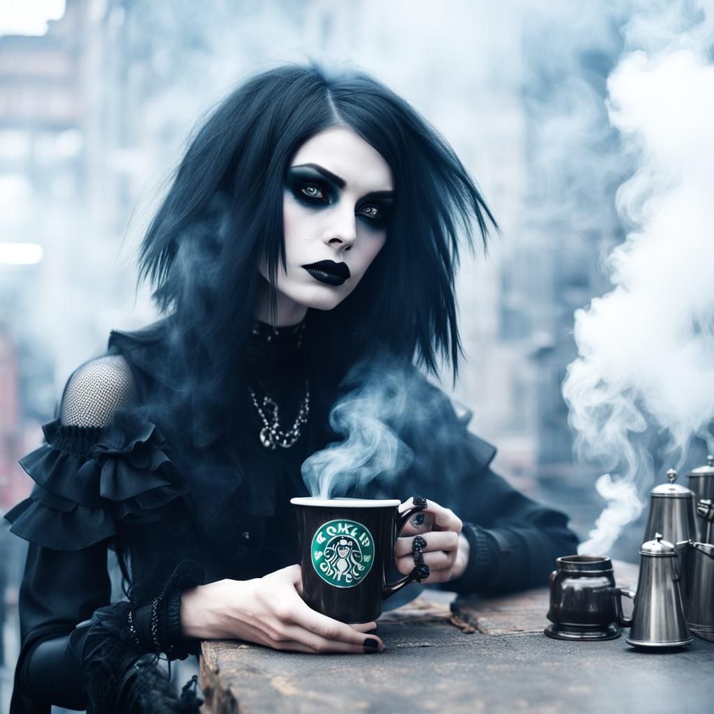 Goth Fashion Model in Smoky Coffee Shop