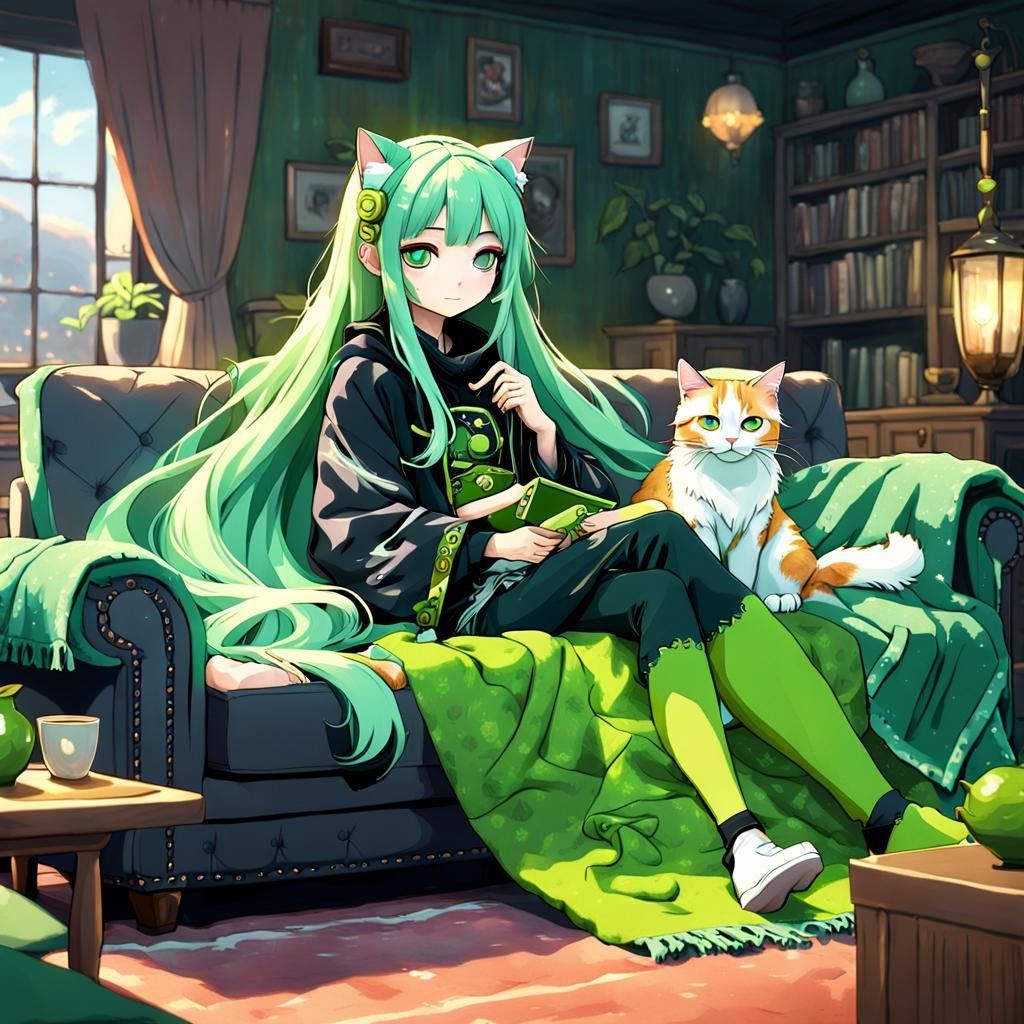 Anime Girl with Cat in Detailed Matte Painting
