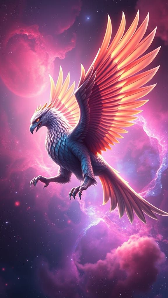 Regal Griffin Soars Through Vibrant Nebula in Ethereal Light